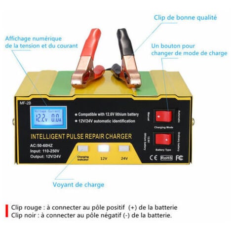 12V/24V Chargeur De Batterie Intelligent, Chargeur De Type Pulse Repair Avec Affichage Digital Pour Batterie De Voiture, Cellule, Moto