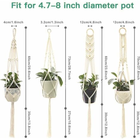 4 Pièces Corde Tressée Macramé Pour Suspendre Des Pots De Plantes - 100x20 Cm, Coton, Avec Pompons, Décoration Intérieure/extérieure