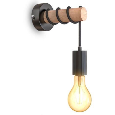 Applique murale, design rétro industriel, bois & métal, éclairage salon & chambre, douille E27, pour ampoule LED 10W max, noir (1/5)