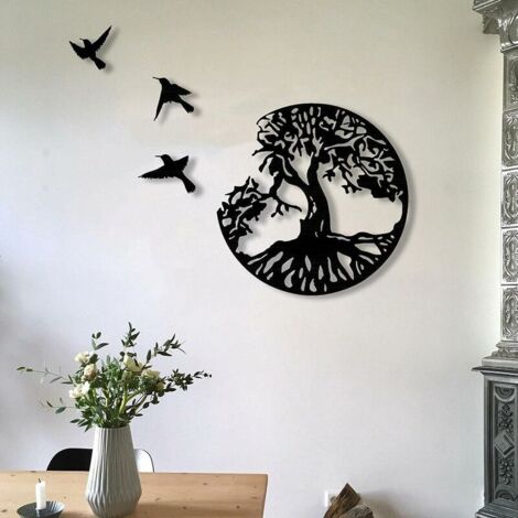 Décoration Murale en Métal Arbre de Vie avec Oiseaux Déco Noir - 28CM/11.02in Décoration Murale Arbre de Vie Décoration Murale Moderne Décoration Murale en Métal Signe de Famille d'Arbre en Métal
