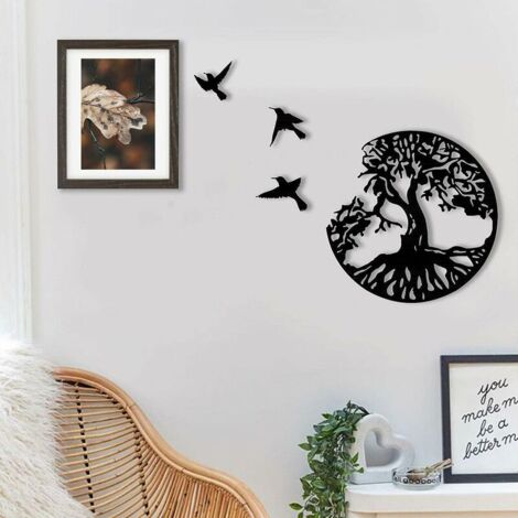 Décoration Murale en Métal Arbre de Vie avec Oiseaux Déco Noir - 28CM/11.02in Décoration Murale Arbre de Vie Décoration Murale Moderne Décoration Murale en Métal Signe de Famille d'Arbre en Métal