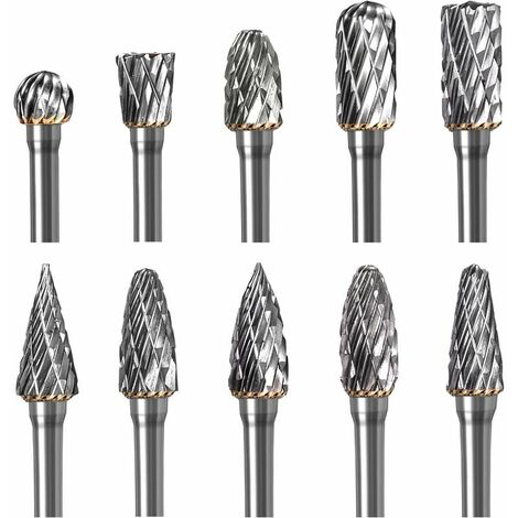 Fraises Rotatives Double Coupe Carbure Broyage de Bois Gravure Embouts de Fraisage de Tungstène avec 3mm Tige Pour Sculpture Sur Métal Polissage Gravure Die Grinder 10 Pièces (1/5)