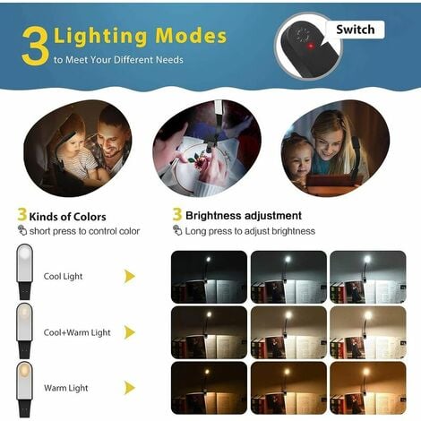 Lampe de Lecture, Lampe Lecture Rechargeable par USB avec Capteur Tactile, Lampe Livre avec 3 Modes de Luminosité Réglables Eye-Care, Clip Flexible sur Liseuse Lampe pour Lire au Lit