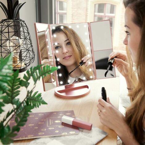 Miroir Maquillage Lumineux LED Pliable - 3 Couleurs De Lumière, écran Tactile, Rechargeable USB-C