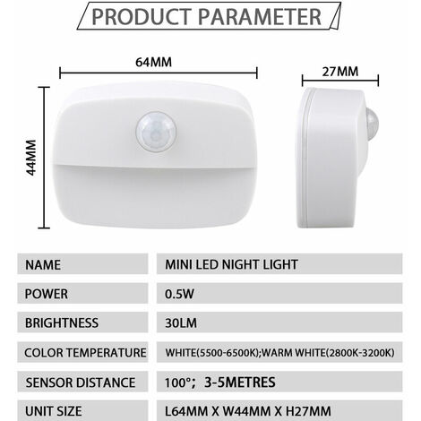 Lumière de détecteur de mouvement,paquet de 2 Veilleuse  LED Auto On Off, Applique murale, Lampes de placard, Lumières sûres pour escaliers, couloir, salle de bain, cuisine, armoire (Blanc chaud)