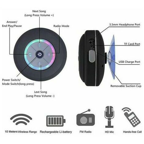 Haut-parleur de douche Bluetooth, radio de douche IPX7 Bluetooth avec radio FM entièrement étanche, haut-parleur mains libres,  la plage, la douche et la maison