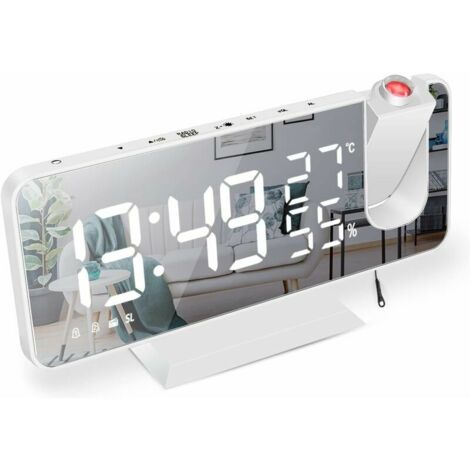 Reveil Projecteur,Radio Réveil avec Température,Humidité,Ecran LED Miroir de 7,5 Pouces,Snooze Double Alarme,4 Luminosité de L'écran avec Fonction de Gradation Automatique,Port de USB (Blanc) (1/5)