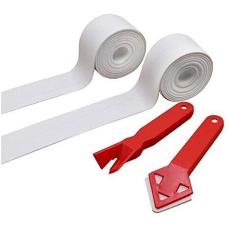 Bande d'Étanchéité,2 Rouleaux Bande de Douche Bande+2 Outil de Calfeutrage Salle de Bains Joint Silicone Ruban Baignoire PE Auto-Adhésive pour Cuisine de Toilette de Bain d'angle (1/5)