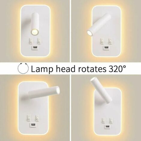 Applique murale LED, liseuse de chevet avec interrupteur, port de charge USB, éclairage d'ambiance réglable pour chambre Blanc lumière chaude