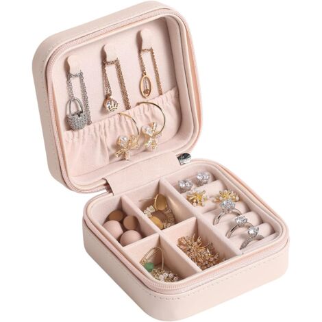 Boîte à bijoux de voyage, petite boîte à bijoux portable, organisateur de voyage, boîte de rangement, bague, boucles d'oreilles, collier, bracelet, cadeau pour femmes et filles, rose (1/5)