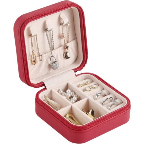 Boîte à bijoux de voyage, petite boîte à bijoux portable, organisateur de voyage, boîte de rangement, bague, boucles d'oreilles, collier, bracelet, cadeau pour dames et filles, rouge (1/5)