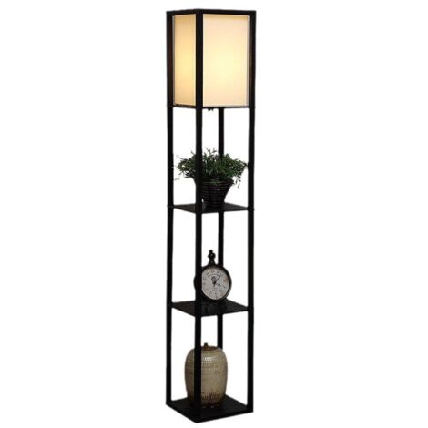 Lampadaire avec étagère en bois, lampadaire de salon avec ampoule E27, 3 températures de couleur, lampadaire 1,62 m avec abat-jour, lampadaire noir moderne avec 3 étagères en bois pour salon, chambre (1/5)