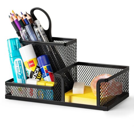 Organiseur de bureau en maille avec porte-crayons et paniers de rangement pour accessoires de bureau, 3 compartiments, noir (1/5)