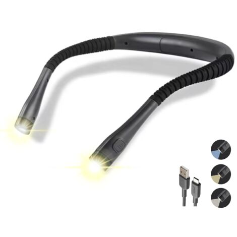 Lampe de cou LED pour lire au lit, 3 couleurs, 6 niveaux de luminosité, bras flexibles, rechargeable, type C, USB, longue durée de vie de la batterie, tricot, camping, réparation, noir (1/5)