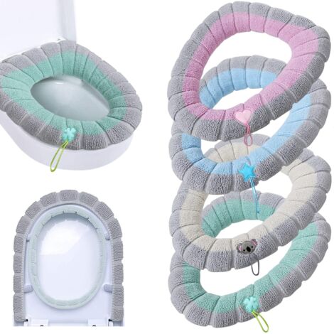 Lot de 4 housses de siège de toilette avec poignée, housse de couvercle de toilette, coussin plus épais, doux, extensible, lavable, s'adapte à tous les sièges de toilette ovales (multicolore) (1/5)
