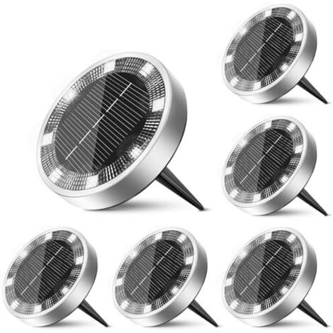 Lampe solaire extérieure au sol à 6 unités, lampe solaire disque extérieure, lampe disque plate étanche IP65 et antirouille, lampe de jardin, de cour, d'allée, blanc froid. (1/5)