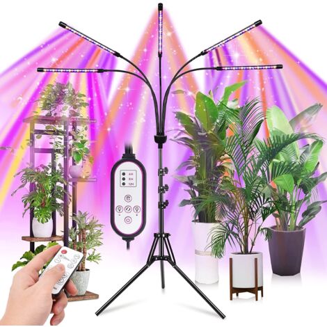 Lampe de croissance pour plantes d'intérieur, lampe à spectre complet 5 têtes (rouge, bleue et blanche), équipée d'un trépied réglable, d'une télécommande et d'une fonction marche/arrêt automatique.