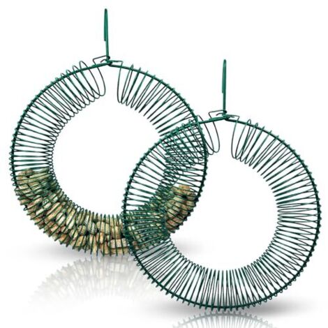 Deux mangeoires à cacahuètes, une mangeoire suspendue en forme de couronne et une mangeoire ronde en métal avec des crochets. (1/5)