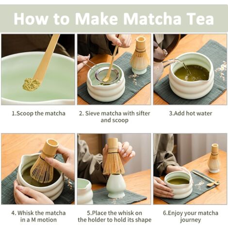 Kit Matcha Complet Lot De 5 – Bol Céramique 12,5 Cm, Fouet Bambou, Tamis, Cuillère & Support – Cérémonie Matcha Facile & Authentique