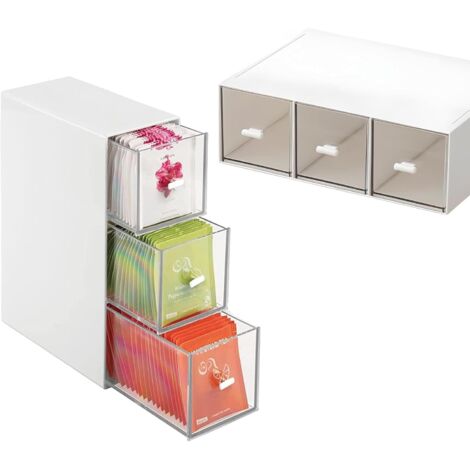 Organisateur de sachets de thé en plastique à 3 tiroirs, boîte de rangement empilable avec tiroirs, blanc (1/4)