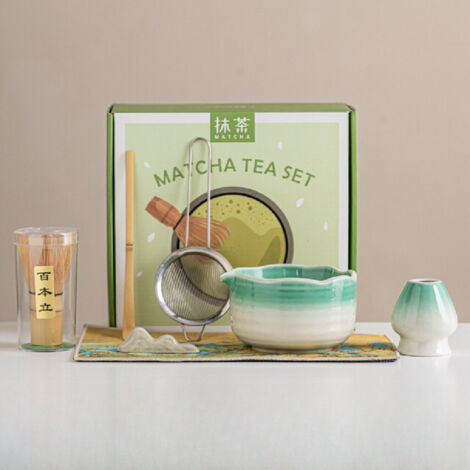 Service à matcha cyan 7 pièces – céramique cuite au four – cérémonie japonaise (1/5)