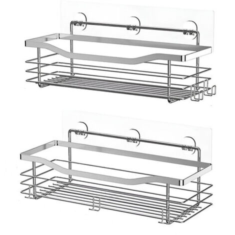 Deux étagères de salle de bain, en acier inoxydable, qui ne nécessitent aucun perçage et peuvent être fixées au mur. (1/3)