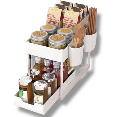 Étagère de rangement sous évier à deux niveaux, multifonctionnelle, blanche.