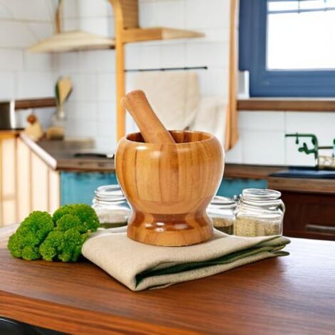Mortier Et Pilon En Bambou 16 Cm - Idéal Pour Épices, Herbes Et Préparations Culinaires