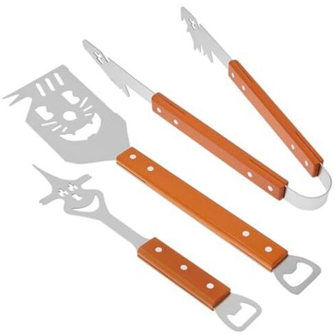 Ensemble de 3 couverts de barbecue en acier inoxydable avec manches en bois ensemble d'outils de barbecue créatifs comprenant une pince, une spatule et une fourchette. (1/5)