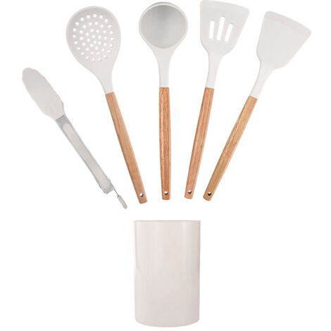 Ensemble de 5 ustensiles en silicone beige avec manches en bois et support (1/2)