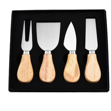 Ensemble de 4 couteaux à fromage, lame en acier inoxydable et manche en bois, pour fromages et gâteaux (1/4)