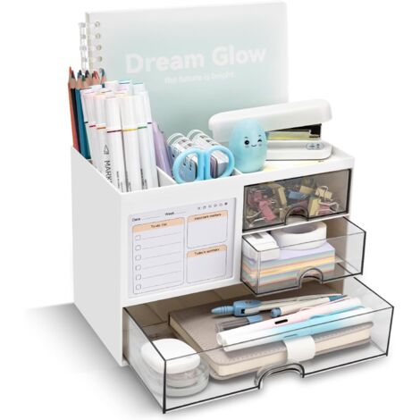 Organiseur de bureau avec 3 tiroirs et 8 compartiments (blanc) . (1/5)