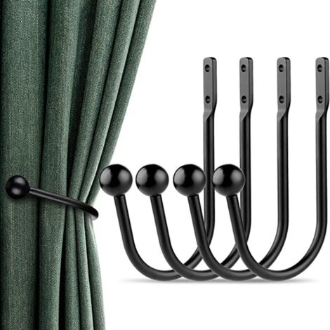 Lot de 4 crochets de rideaux noirs, supports muraux en métal, accessoires (1/5)