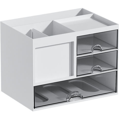 Boîte de rangement de bureau – 3 tiroirs – Porte-crayons multifonctionnel – 8 compartiments – PS – Blanc (1/5)