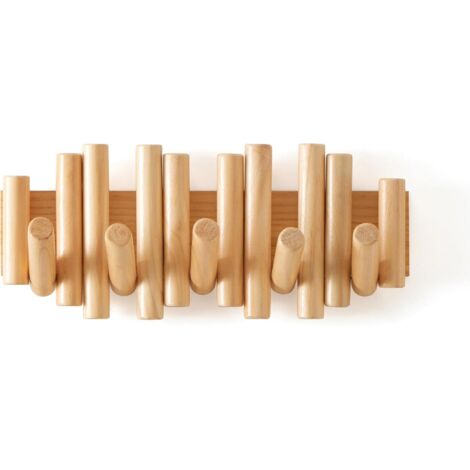 Porte-manteau mural en bois, 38 cm de long et 16,5 cm de haut, avec 5 crochets rabattables. (1/5)