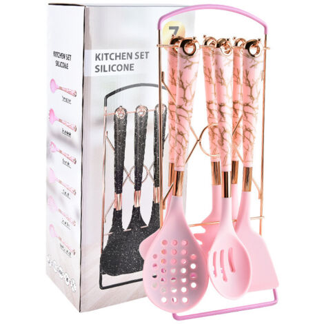 Ensemble de 7 ustensiles de cuisine en silicone, manche antiadhésif plaqué or rose, rose (1/2)