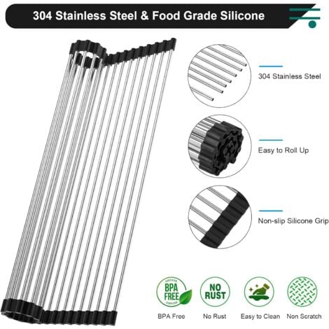 Séchoir à Vaisselle Enroulable, Égouttoir à Vaisselle Enroulable Égouttoir Grille Séchage, Séchoir à Vaisselle Roll-Up en Acier Inoxydable Pliable Évier Égouttoirs de Cuisine, 43x30cm-Ensoleillé