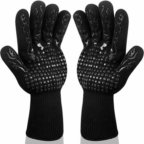 Gants de Barbecue - Gants de Cuisine - Résistants à la Chaleur - 1 Paire de Gants en Silicone antidérapant EN407 - pour Griller, Cuisiner, souder, Foyer (Noir)-Ensoleillé (1/5)
