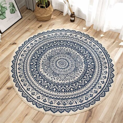 Tapis rond Mandala - En coton - Style bohème - Diamètre : 92 cm-Ensoleillé (1/5)