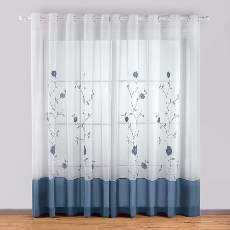 1 Pièce Rideaux à Oeillets Voilages Broderie Floral pour Chambre Cuisine Salon (1 Panneau (Largeur 140cm x Hauteur 260cm), Bleu)-Ensoleillé (1/5)