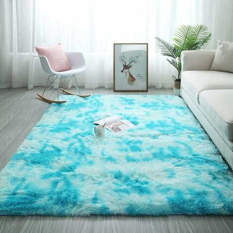 Tapis Chambre Tapis Modernes de Salon Soft Tapis à Poils Longs Moelleux Tapis Extra Doux et Confortable Tapis Antidérapant Intérieur Moelleux épais pour Salon (Bleu Blanc, 140200cm)-Ensoleillé