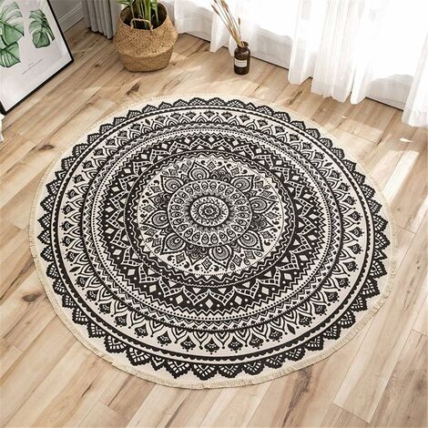 Tapis rond Mandala - En coton - Style bohème - Diamètre : 92 cm-Ensoleillé (1/5)