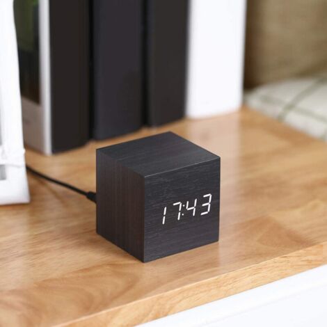 ThreeH Réveil LED numérique en Bois Cube avec Affichage Heure, Date Et Température (USB/Piles) AC10 Noir Blanc
