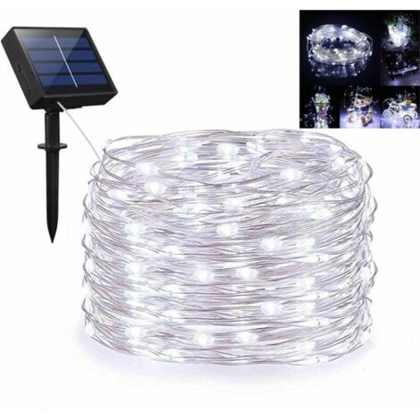Guirlandes solaires, guirlandes solaires extérieures avec 100 LED Fil de cuivre argenté de 33 pieds 8 modes imperméables pour la décoration extérieure d'arbres de paysage de patio de mariage de fête à (1/5)