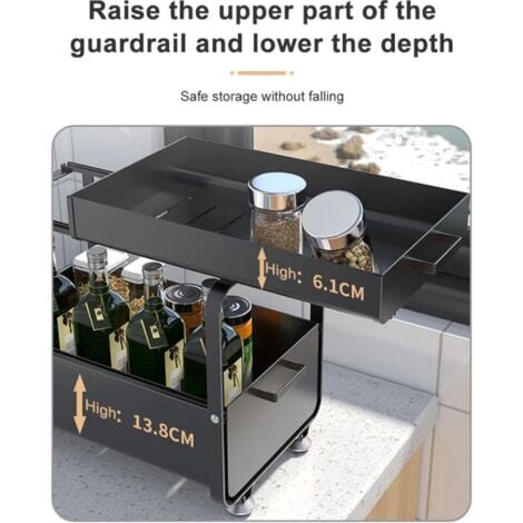 Etagere de Rangement sous Evier Rack avec tiroir coulissant pour Cuisine et Salle de Bain - 2 Niveaux- Acier Inx. - Noir
