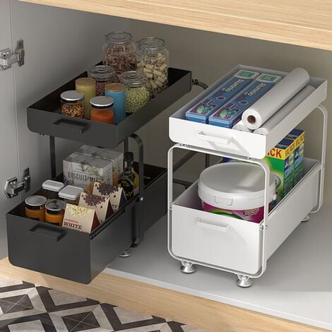 Etagere de Rangement sous Evier Rack avec tiroir coulissant pour Cuisine et Salle de Bain - 2 Niveaux- Acier Inx. - Noir