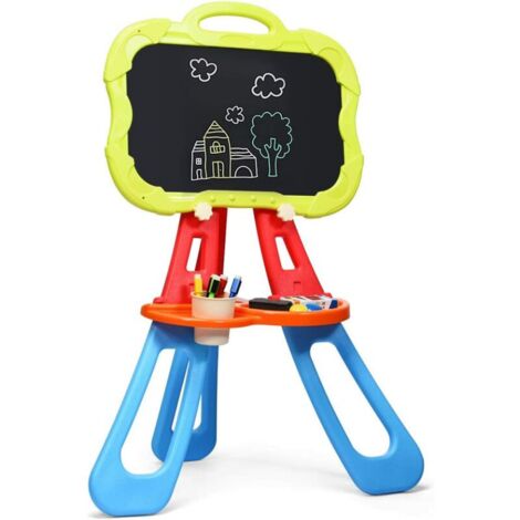 Chevalet Enfants 3 En 1 DREAMADE – Tableau Magnétique Double Face Noir/blanc, Hauteur Réglable, Rangement Intégré