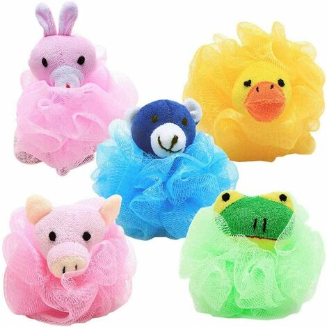 éponge de bain forme animale boule de bain éponge maille pouf exfoliant pour femmes enfants, 5 pièces (couleur aléatoire) (1/5)