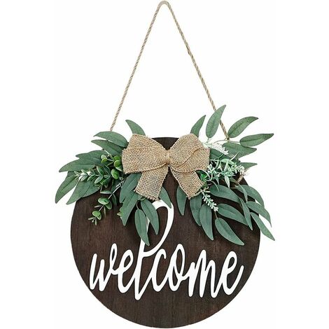 Panneau de bienvenue avec eucalyptus artificiel pour le décor de porte d'entrée, Enseigne de porche rustique en bois rond suspendu, Signer les décorations de porte de porche avant (1/5)