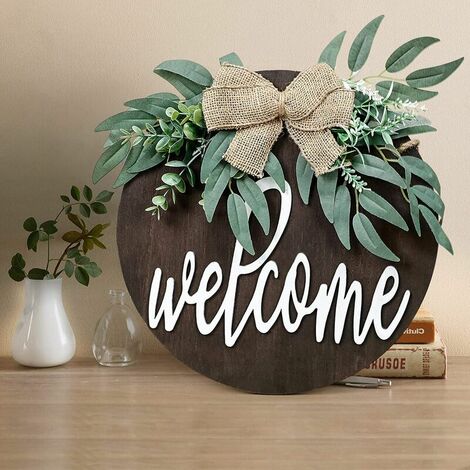 Panneau de bienvenue pour porte d'entrée, perles en bois et couronne d